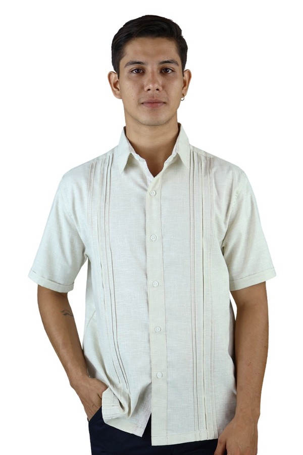 Camisa Manga Corta Color Arena Look Lino Con Alforzas Para Caballero